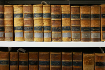 Drei Regalreihen mit historischen Bänden. Die Buchrücken snd braun mit schwarzen und grauen Absetzungen.