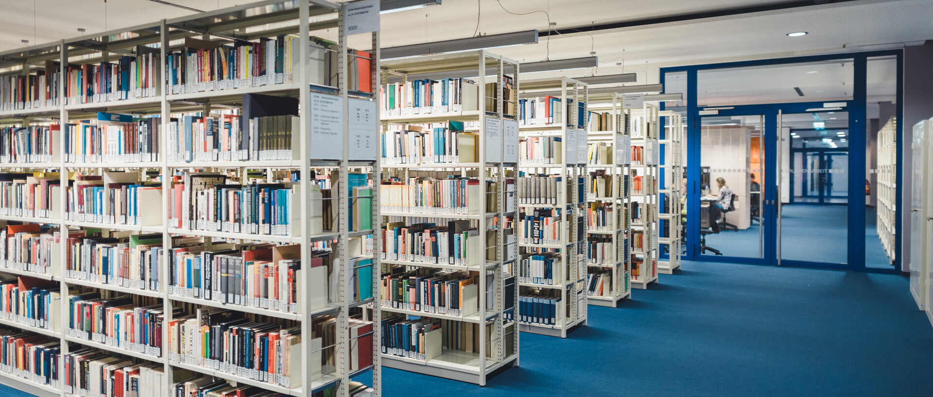 Blick in den Bibliotheksbereich A5 mit Bücherregalen und blauem Teppich. 