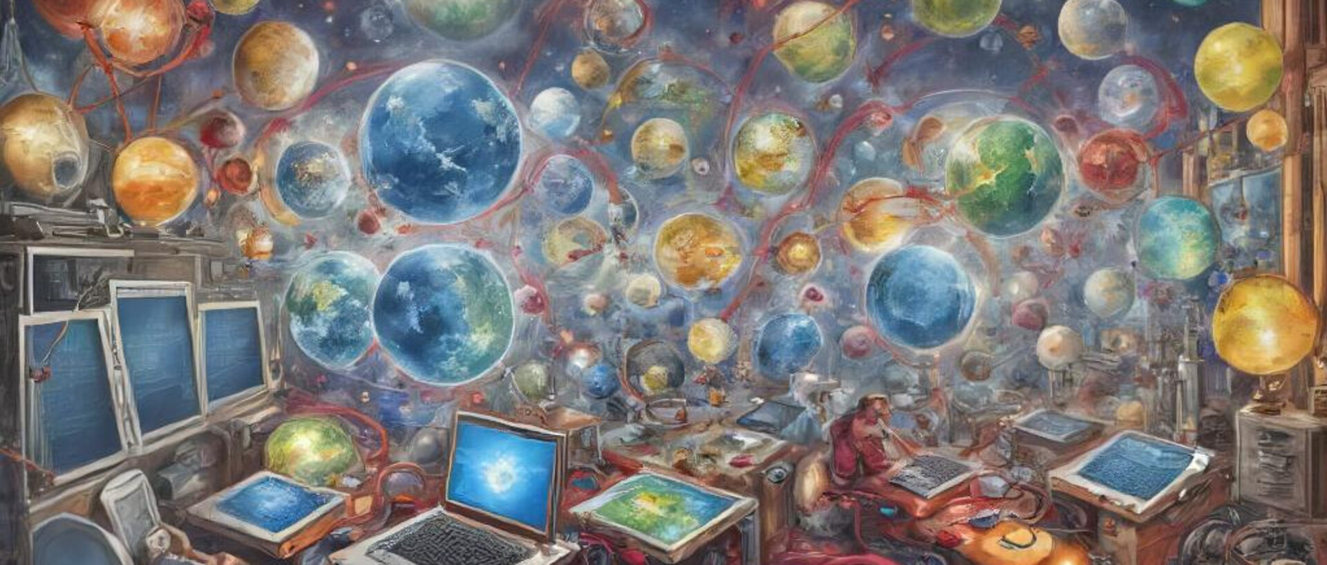 In the foreground there are a lot of computers, screens and other technical devices. Globes and other planets with red connections float in the background. Overall, the image appears somewhat chaotic but also creative and innovative.