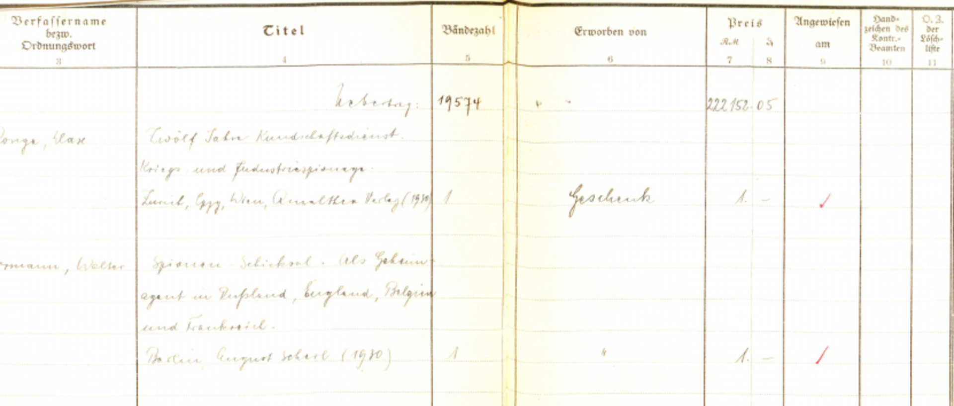 Eintrag im Eingangsjournal der Städtischen Schlossbücherei