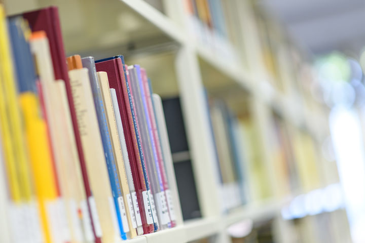 Eine Reihe eines Bücherregals im Bibliotheksbereich A5. Im Hintergrund ist ein weiteres Regal verschwommen zu erkennen.